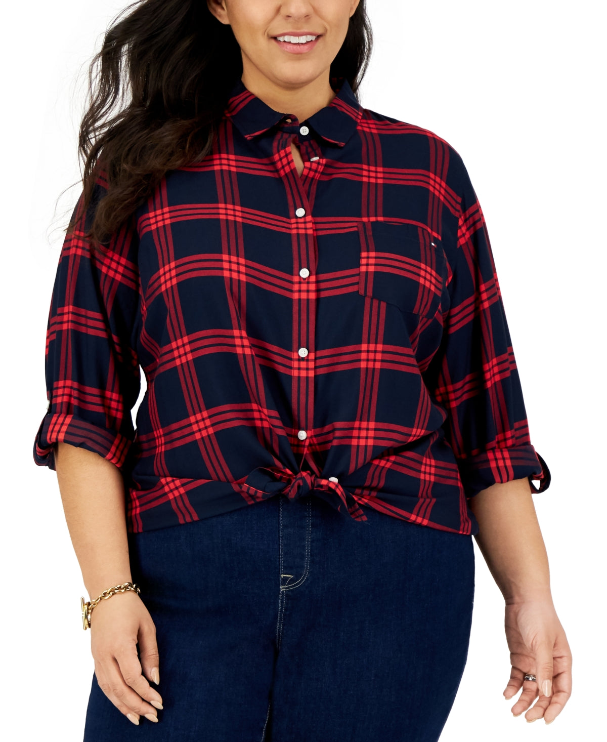 Camisa utilitária xadrez de algodão feminina Tommy Hilfiger, azul, tamanho 2X