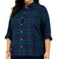 Tommy Hilfiger Blusa xadrez feminina com gola pontuda e botões, azul, tamanho 3X