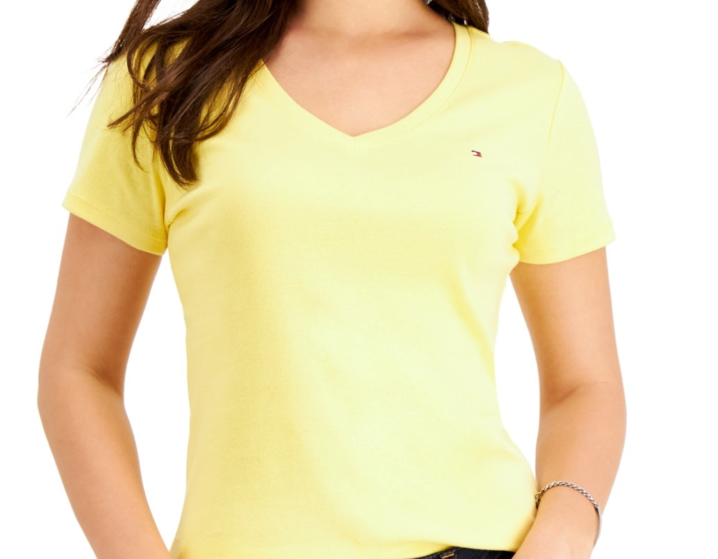 Camiseta feminina Tommy Hilfiger com decote em V, amarela, tamanho XG
