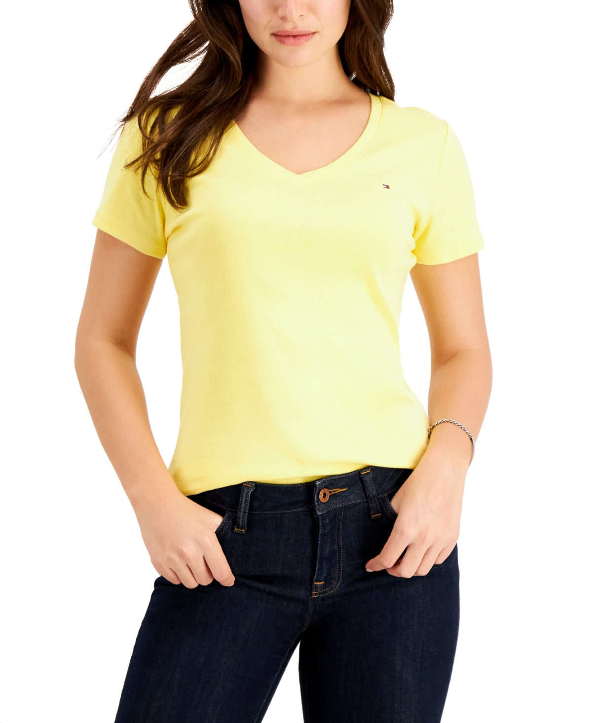 Camiseta feminina Tommy Hilfiger com decote em V, amarela, tamanho XG