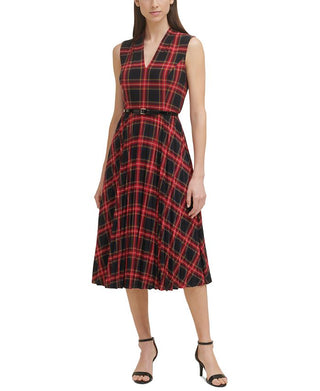 Vestido midi feminino Tommy Hilfiger com decote em V e sem mangas, xadrez, tamanho 6, preto