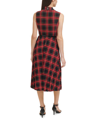 Vestido midi feminino Tommy Hilfiger com decote em V e sem mangas, xadrez, tamanho 6, preto