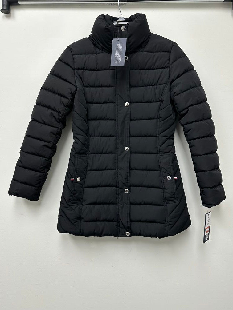 Casaco acolchoado com capuz e acabamento em pele sintética Tommy Hilfiger feminino, preto, tamanho X-S