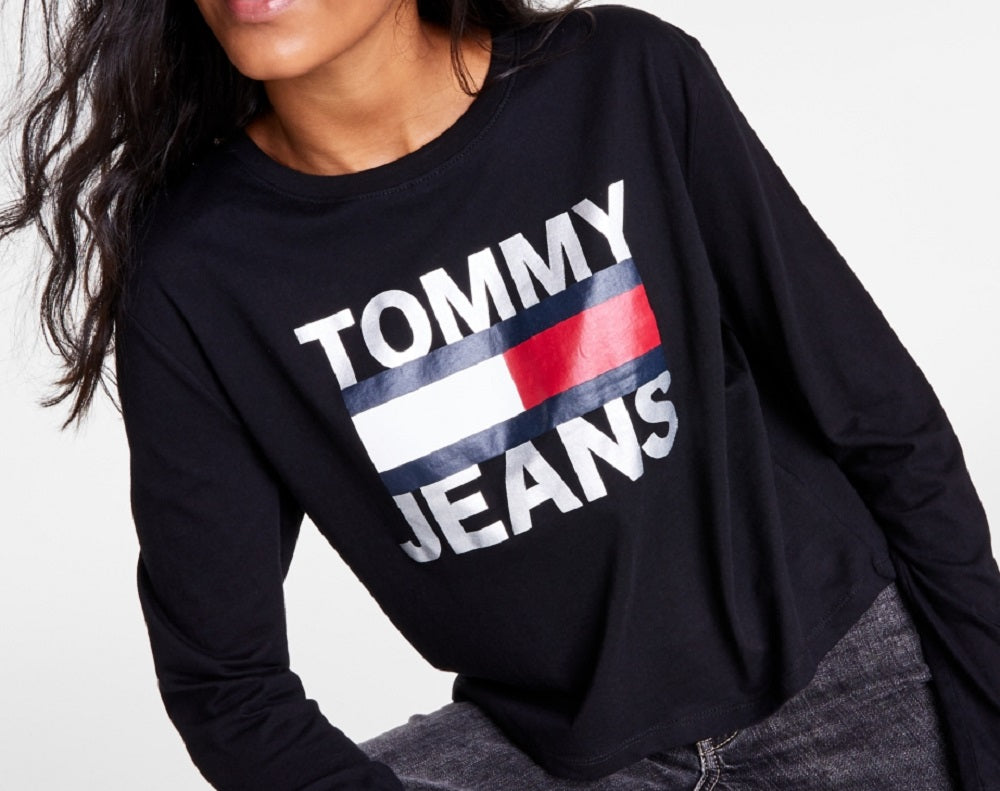 Tommy Jeans Camiseta Feminina de Algodão com Logo Gráfico Preto Tamanho Grande