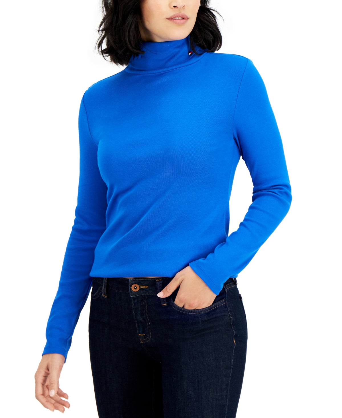 Tommy Hilfiger Blusa de gola alta feminina de algodão, azul, tamanho grande
