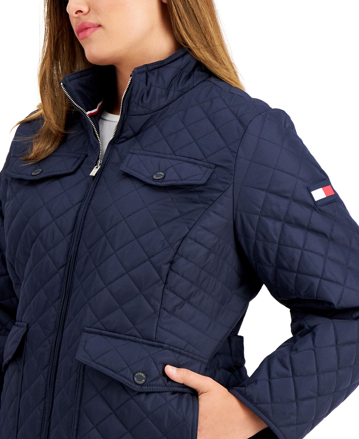 Jaqueta acolchoada com logo Tommy Hilfiger feminina, azul, tamanho 2X