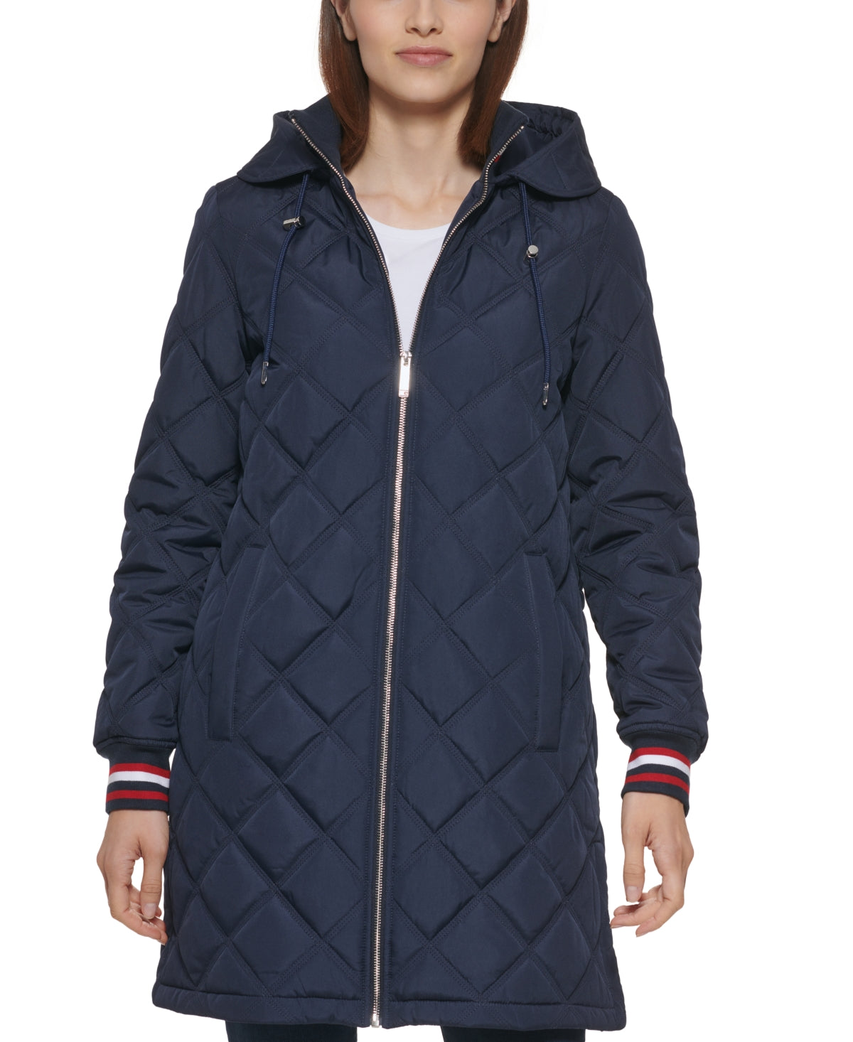 Casaco acolchoado com capuz feminino Tommy Hilfiger azul tamanho grande