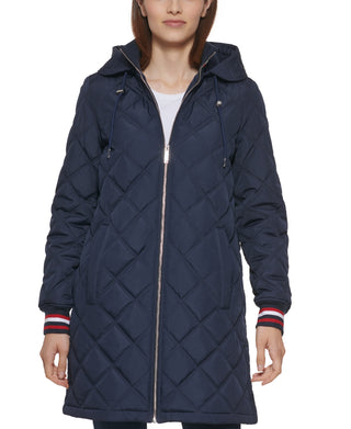 Casaco acolchoado com capuz feminino Tommy Hilfiger azul tamanho grande