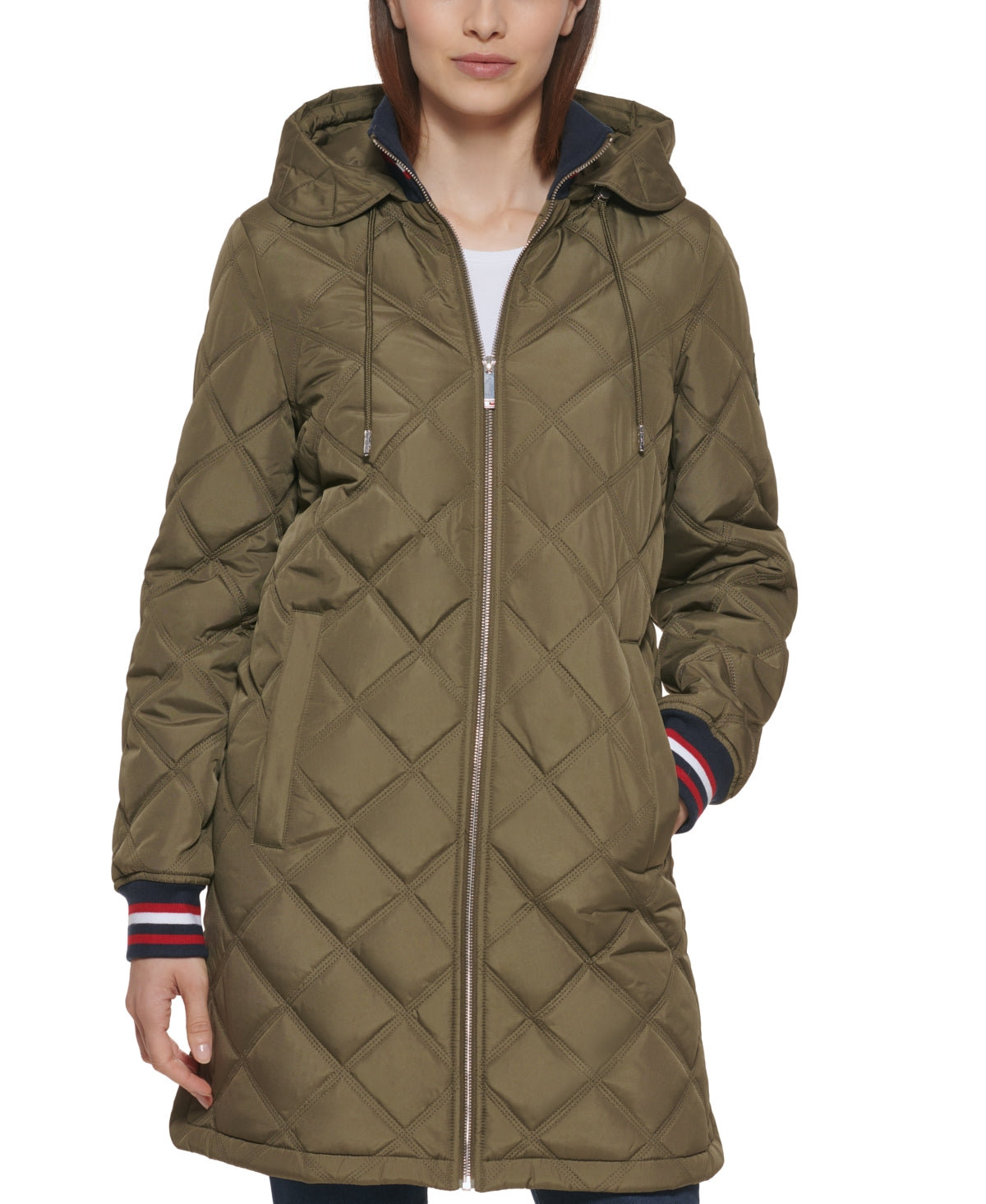 Casaco acolchoado com capuz feminino Tommy Hilfiger, verde, tamanho grande