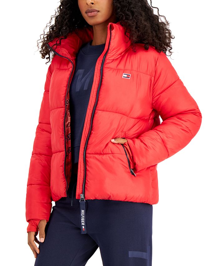 Jaqueta acolchoada feminina Tommy Hilfiger Sport Thumbhole Cuff vermelha tamanho X-G