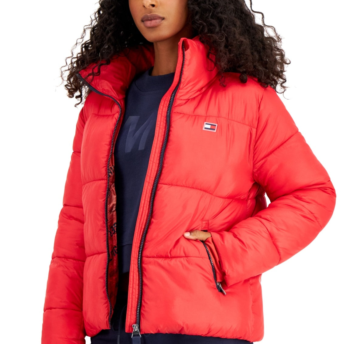 Jaqueta acolchoada feminina Tommy Hilfiger Sport Thumbhole Cuff vermelha tamanho X-G