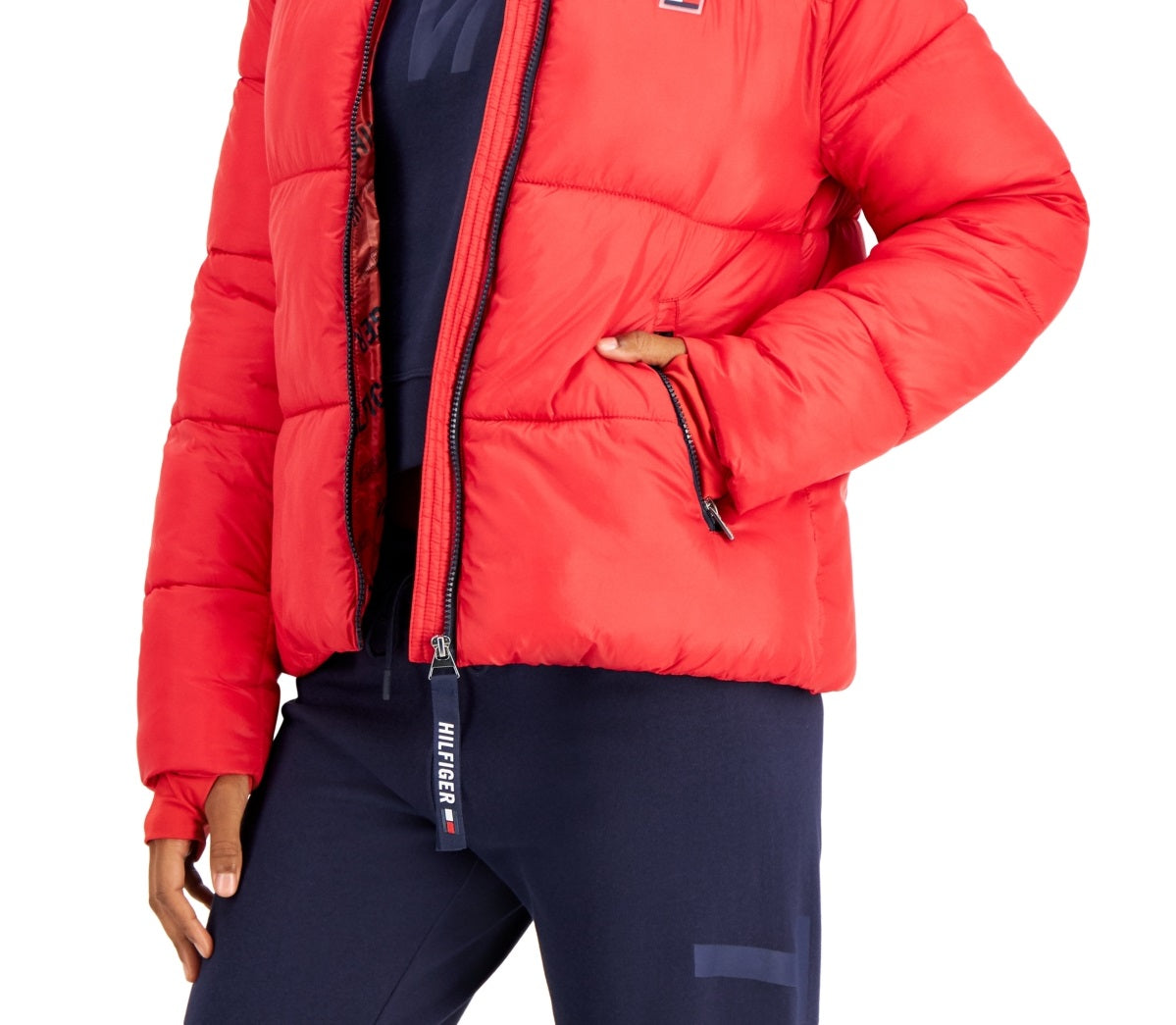 Jaqueta acolchoada feminina Tommy Hilfiger Sport Thumbhole Cuff vermelha tamanho X-G