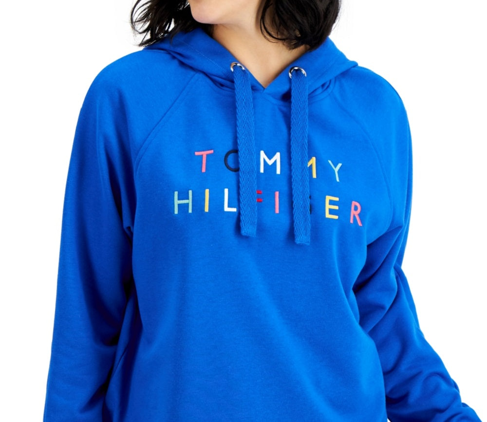 Tommy Hilfiger Moletom com capuz feminino raglan bordado azul tamanho grande