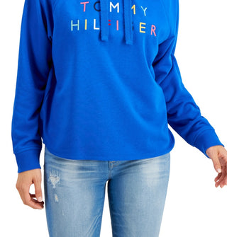 Tommy Hilfiger Moletom com capuz feminino raglan bordado azul tamanho grande