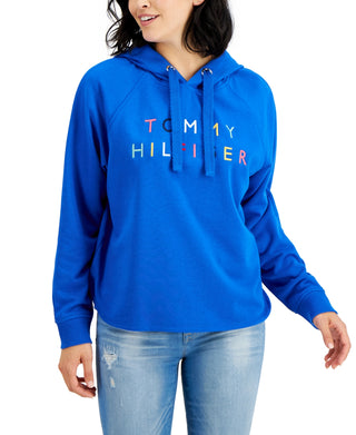 Tommy Hilfiger Moletom com capuz feminino raglan bordado azul tamanho grande
