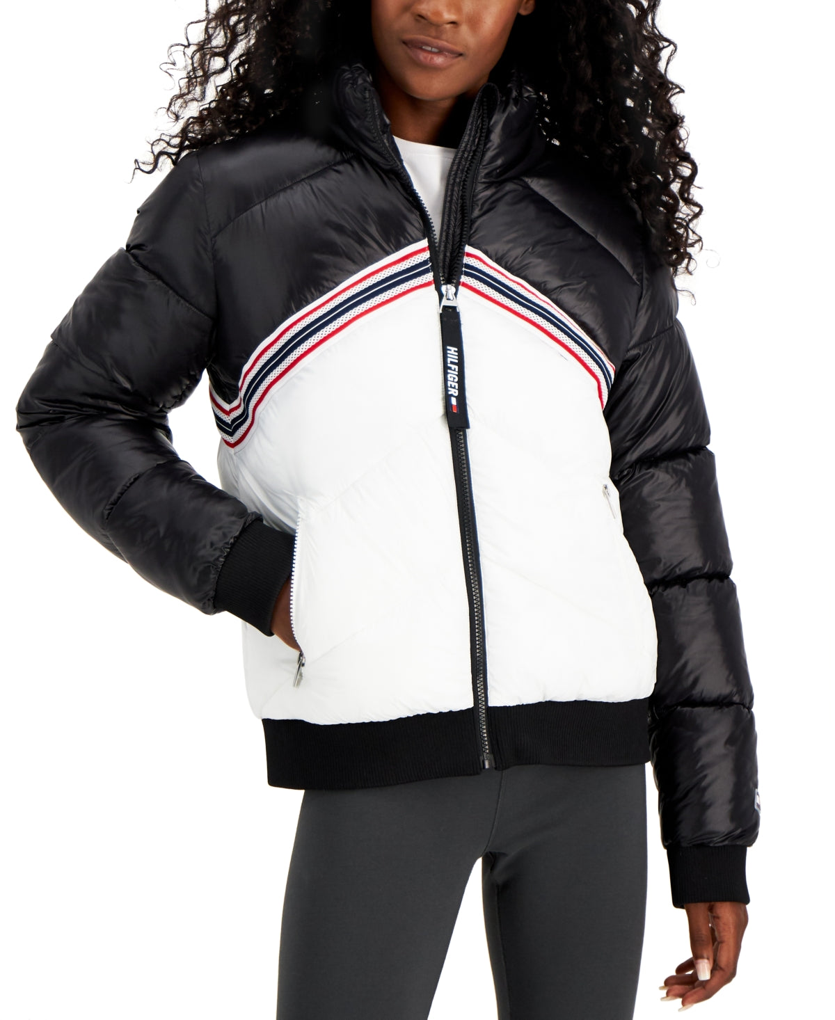 Jaqueta acolchoada feminina Tommy Hilfiger Sport Colorblocked preta tamanho X-S