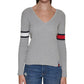Tommy Jeans Suéter Feminino de Algodão com Decote em V e Manga Bandeira Cinza Tamanho Grande