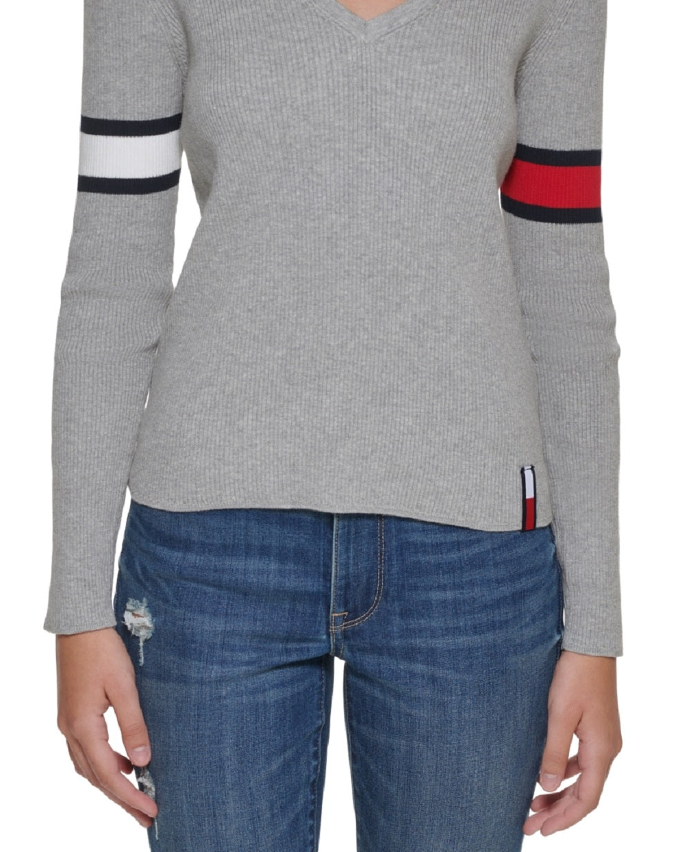 Tommy Jeans Suéter Feminino de Algodão com Decote em V e Manga Bandeira Cinza Tamanho Grande