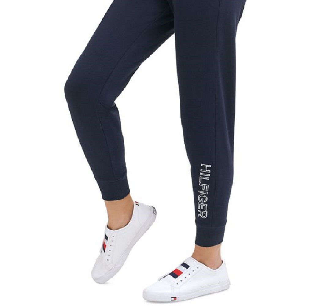 Calça de moletom feminina Tommy Hilfiger com logotipo bordado, em malha lisa, azul, tamanho X-S
