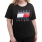 Camiseta Tommy Hilfiger Feminina com Estampa de Logotipo Elástico, Manga Curta e Gola Redonda, Preta, Tamanho 3X
