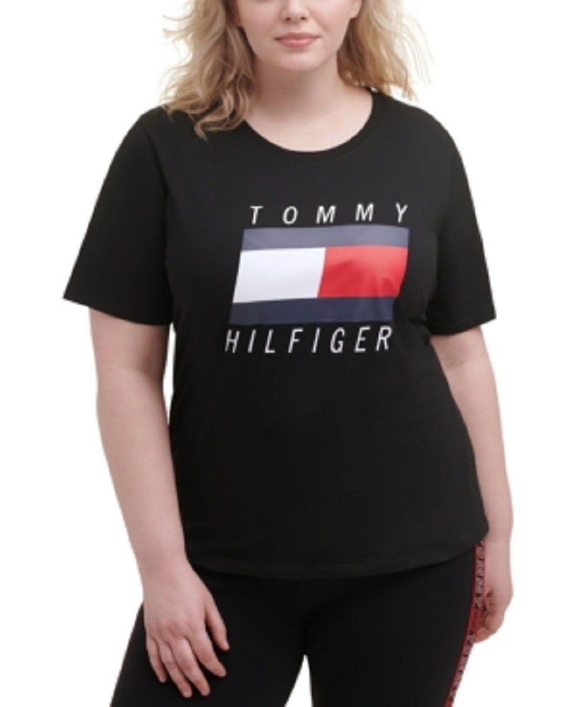 Camiseta Tommy Hilfiger Feminina com Estampa de Logotipo Elástico, Manga Curta e Gola Redonda, Preta, Tamanho 3X