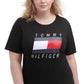 Camiseta Tommy Hilfiger Feminina com Estampa de Logotipo Elástico, Manga Curta e Gola Redonda, Preta, Tamanho 3X