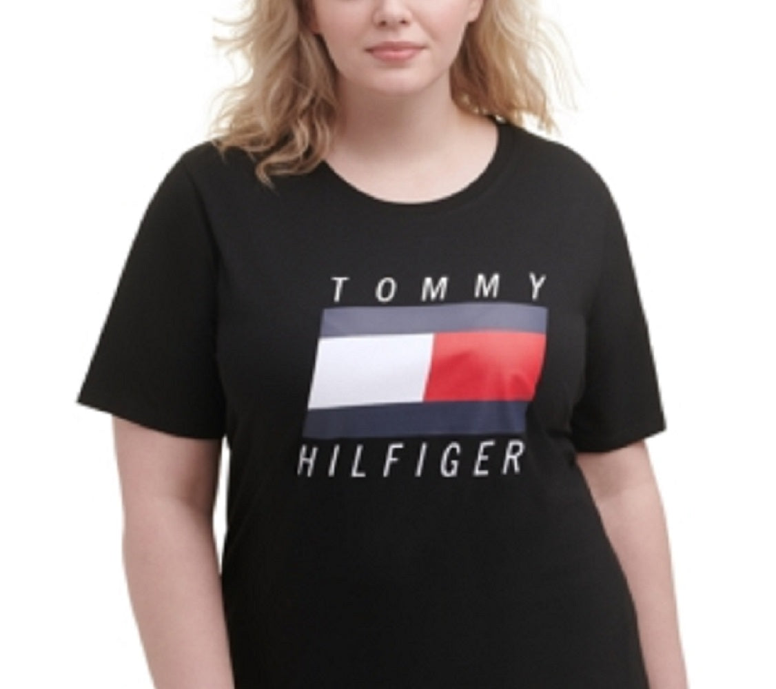 Camiseta Tommy Hilfiger Feminina com Estampa de Logotipo Elástico, Manga Curta e Gola Redonda, Preta, Tamanho 3X