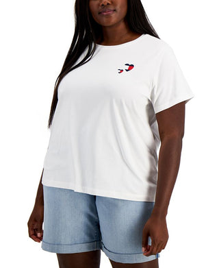 Camiseta feminina Tommy Hilfiger com bordado duplo e coração, branca, tamanho 3X