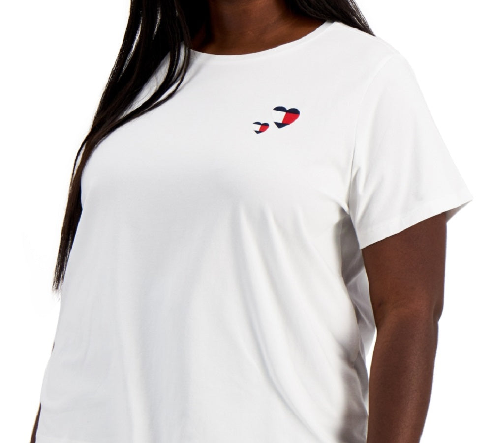 Camiseta feminina Tommy Hilfiger com bordado duplo e coração, branca, tamanho 3X