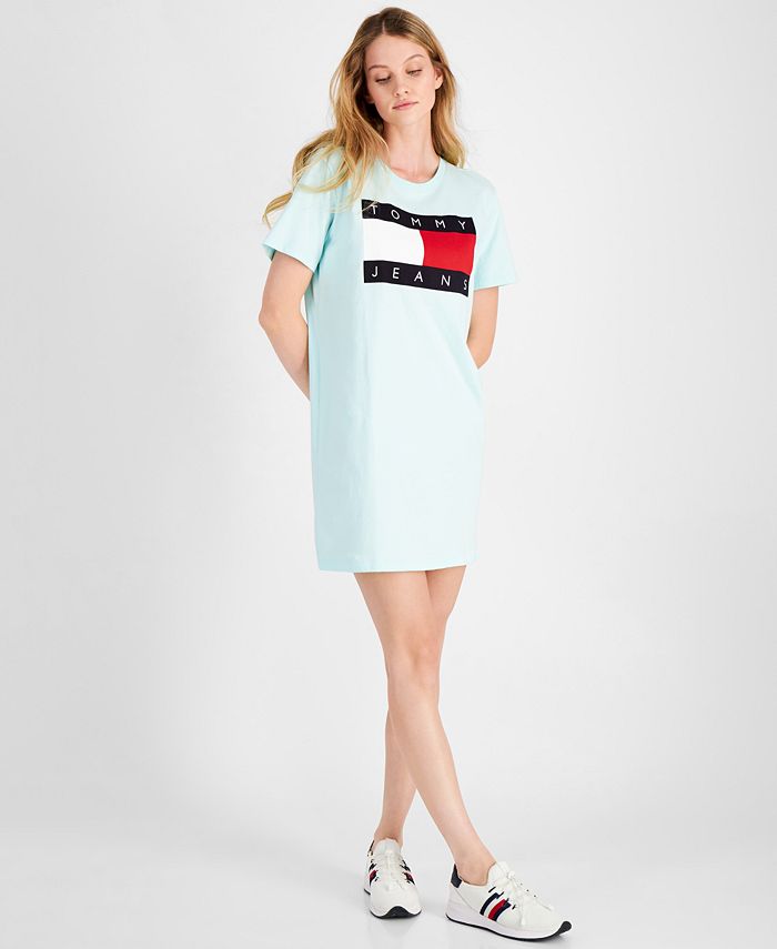 Vestido Tommy Jeans Feminino Manga Curta Estampado com Bandeira Azul Tamanho P