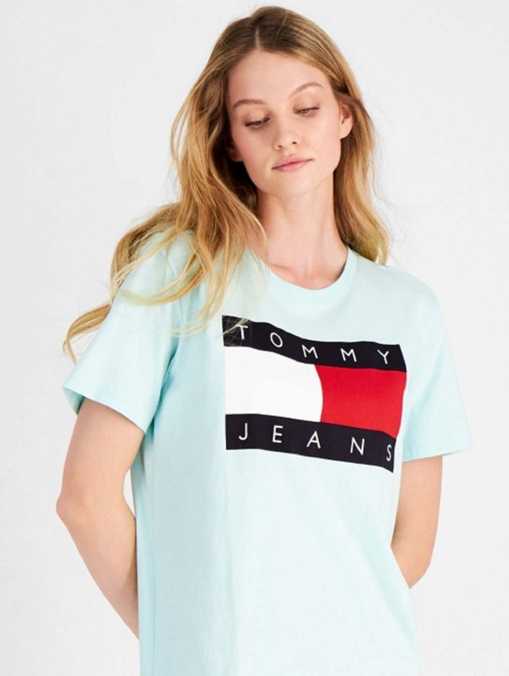 Vestido Tommy Jeans Feminino Manga Curta Estampado com Bandeira Azul Tamanho P