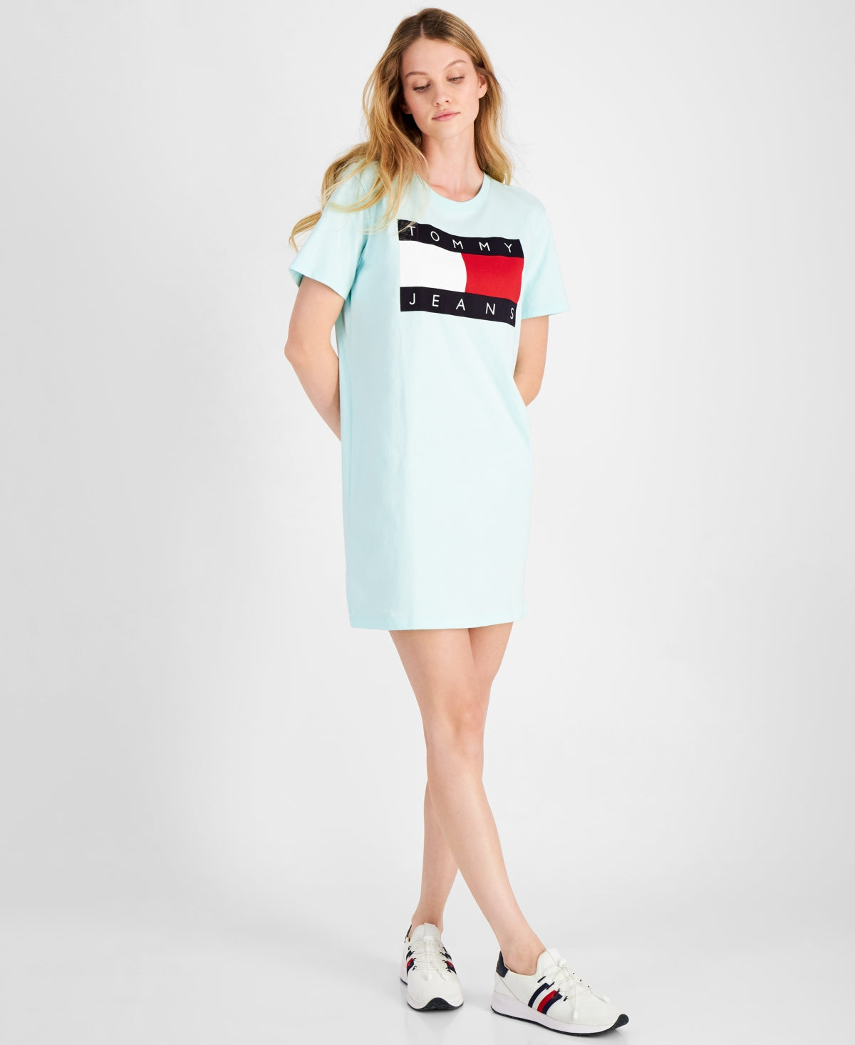 Vestido Tommy Jeans Feminino Manga Curta Estampado com Bandeira Azul Tamanho P