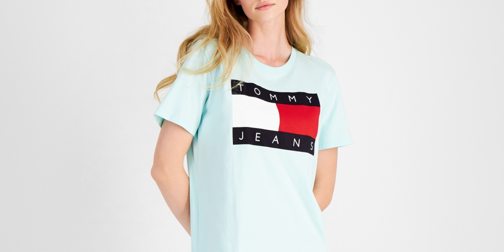 Vestido Tommy Jeans Feminino Manga Curta Estampado com Bandeira Azul Tamanho P