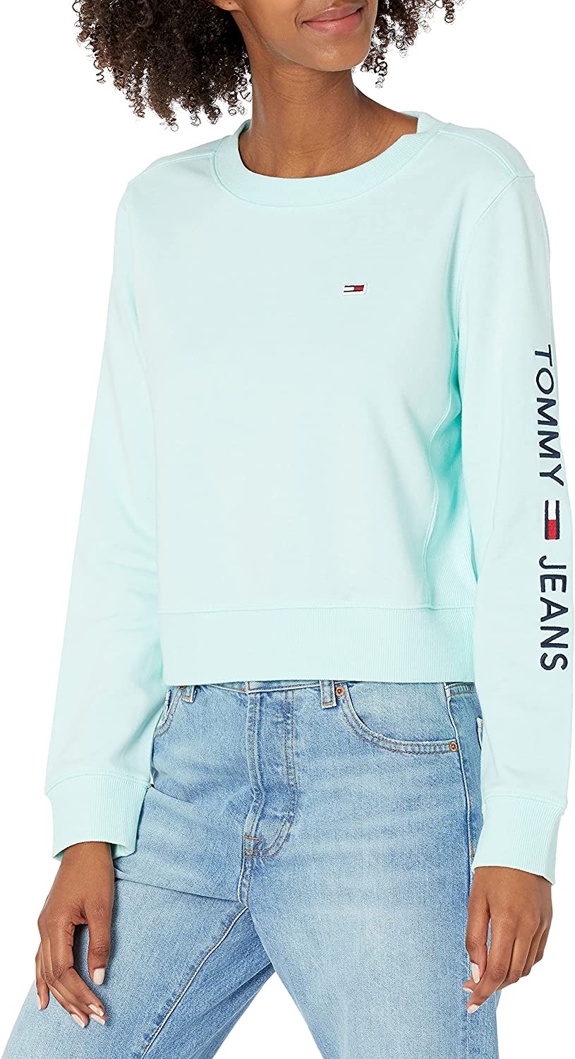Tommy Jeans Moletom Feminino com Logo e Manga Azul, Tamanho Médio