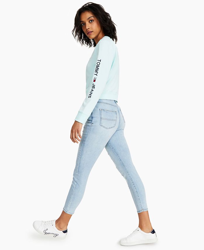 Tommy Jeans Moletom Feminino com Logo e Manga Azul Tamanho XS