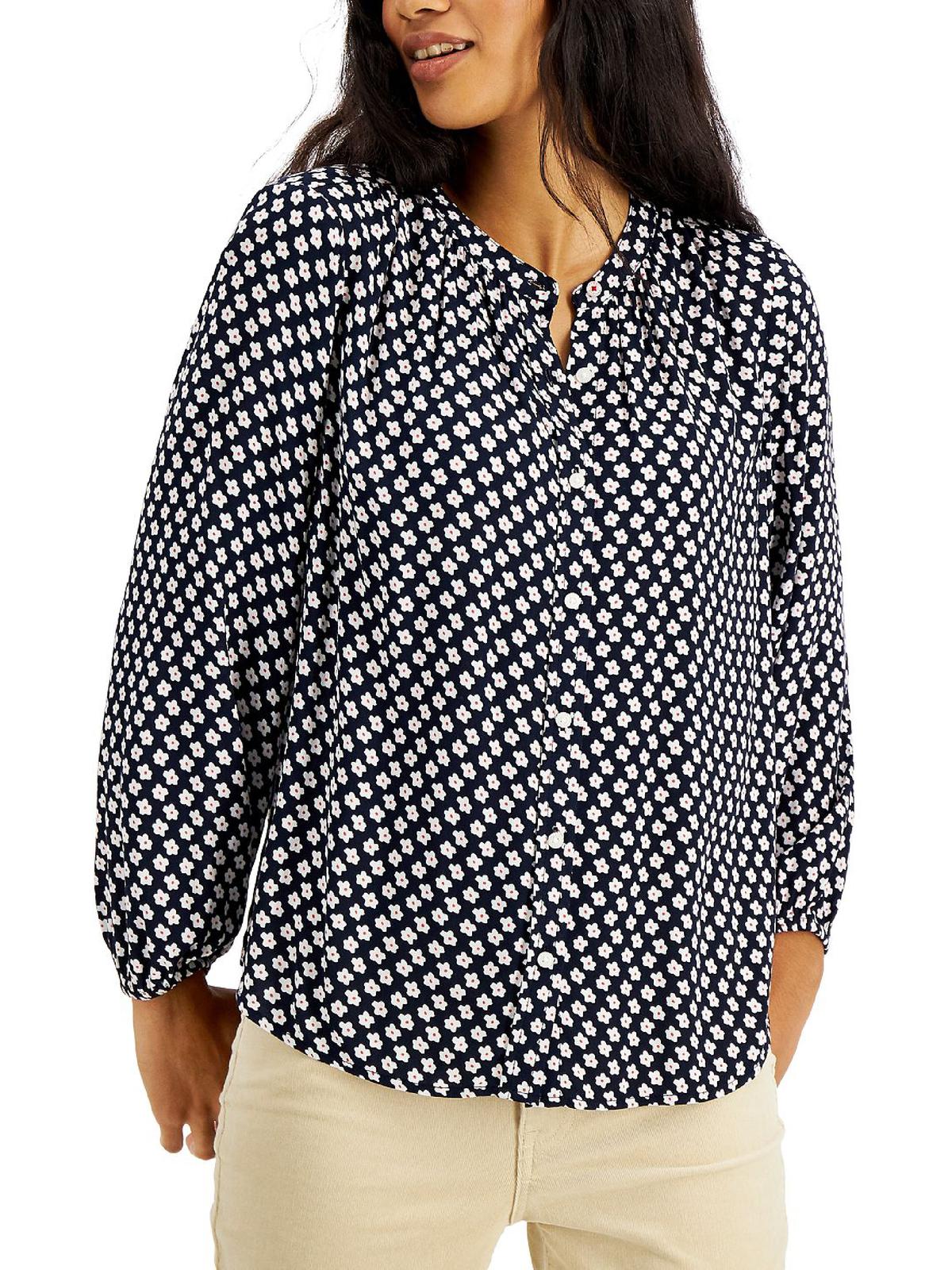 Tommy Hilfiger Blusa Feminina Floral Manga Bispo Azul Tamanho P