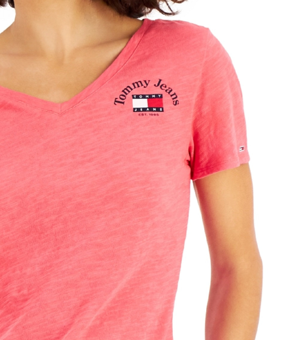 Camiseta feminina Tommy Jeans de algodão com decote em V, vermelha, tamanho médio