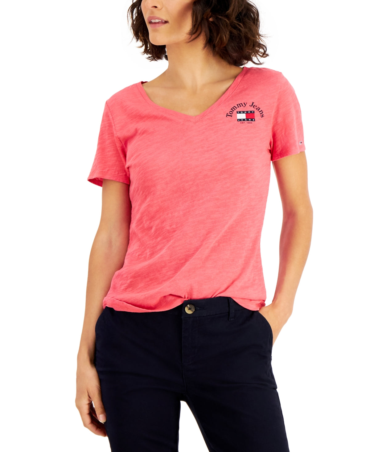 Camiseta feminina Tommy Jeans de algodão com decote em V, vermelha, tamanho médio