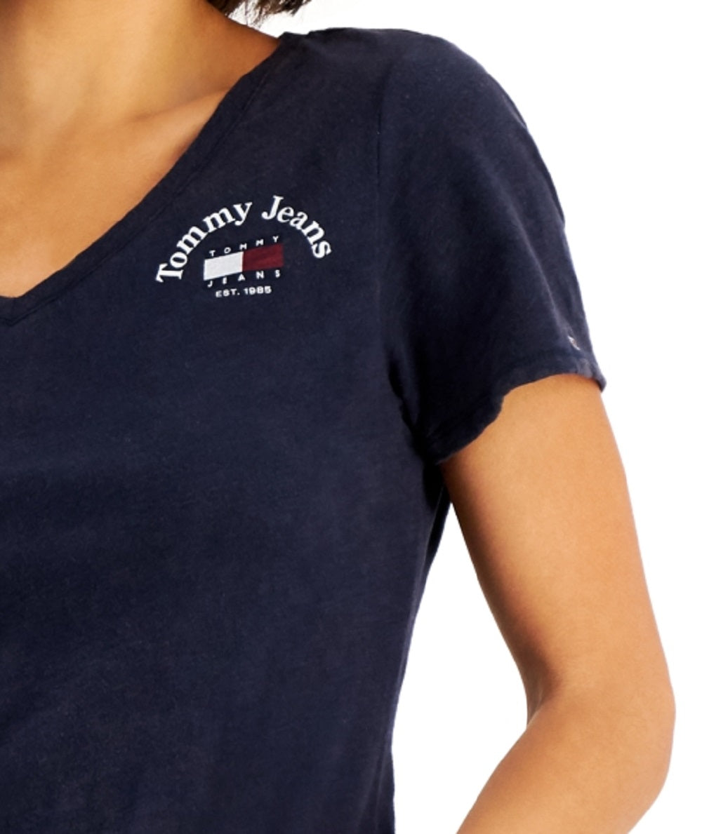 Camiseta Tommy Jeans Feminina de Algodão com Gola V e Logotipo Azul Tamanho X-G
