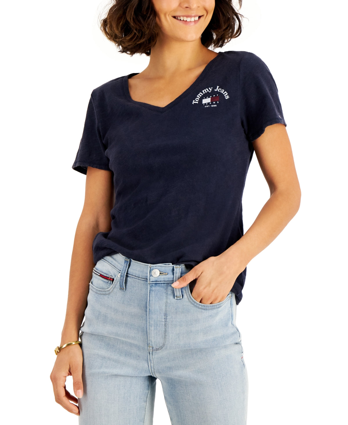 Camiseta Tommy Jeans Feminina de Algodão com Gola V e Logotipo Azul Tamanho X-G