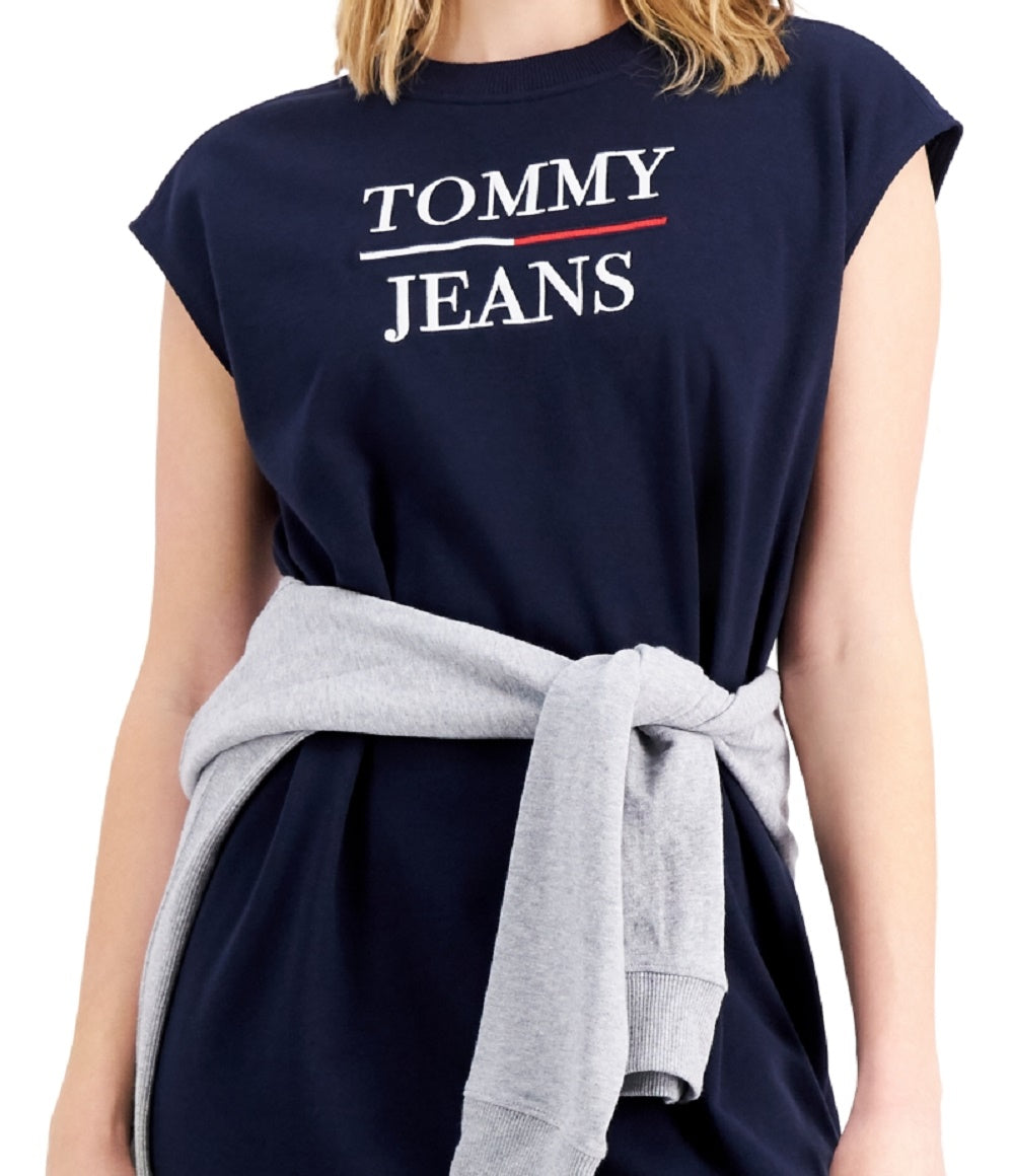 Vestido curto Tommy Jeans feminino com manga curta e gola redonda, azul, tamanho X-G