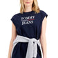 Vestido moletom feminino Tommy Jeans com logo e manga curta, azul, tamanho grande