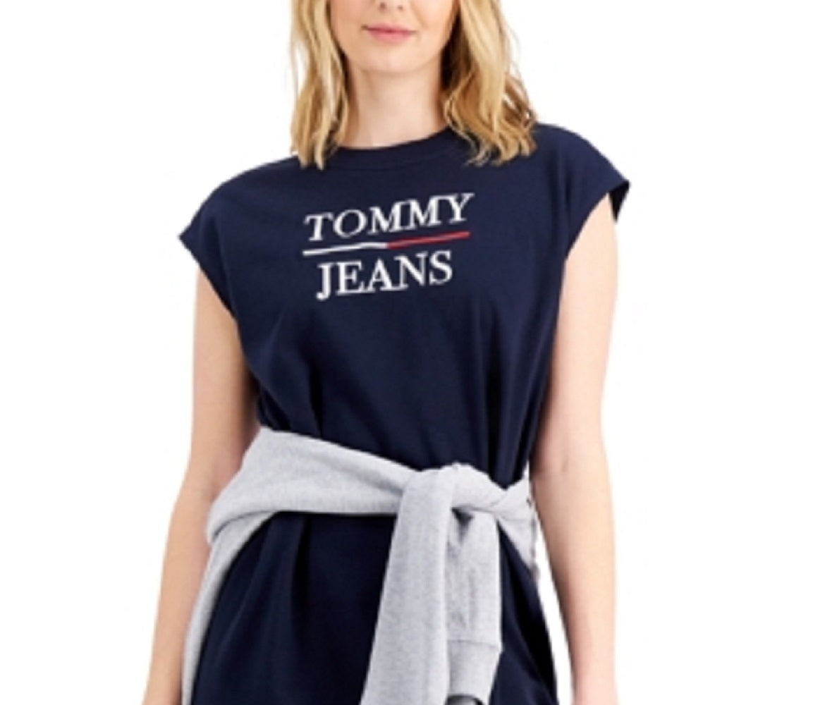 Vestido moletom feminino Tommy Jeans com logo e manga curta, azul, tamanho grande