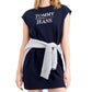 Vestido moletom feminino Tommy Jeans com logo e manga curta, azul, tamanho grande