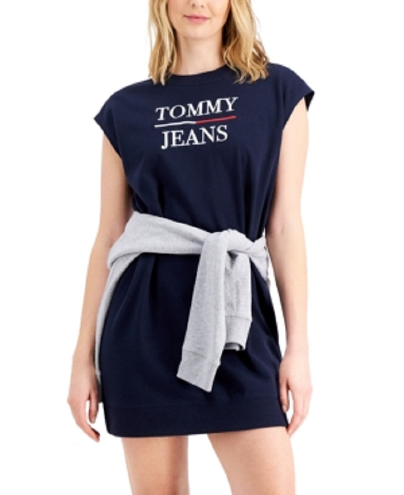 Vestido moletom feminino Tommy Jeans com logo e manga curta, azul, tamanho grande