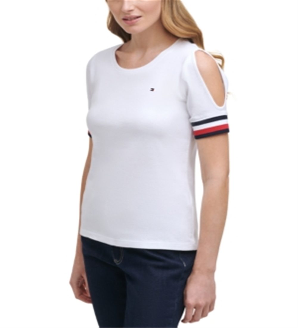 Tommy Hilfiger Blusa Feminina Gola Redonda Ombros Vazados Branca Tamanho P