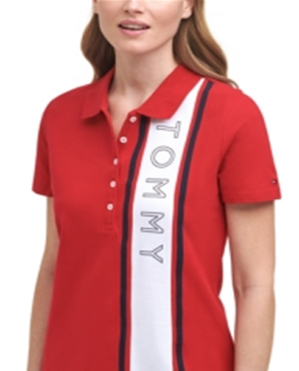 Camiseta polo feminina Tommy Hilfiger com logo vermelha, tamanho médio