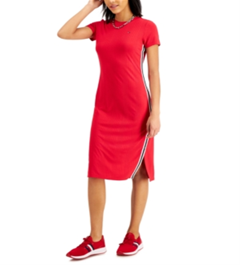 Vestido longo listrado feminino Tommy Jeans, vermelho, tamanho X-S