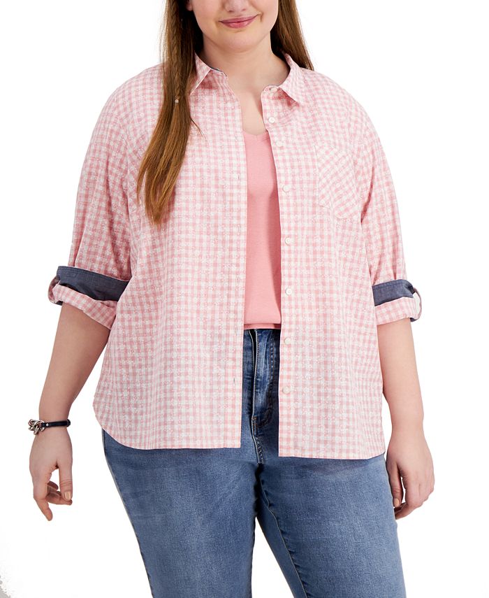 Blusa Tommy Hilfiger Feminina com Botões em Xadrez Rosa Tamanho 2X