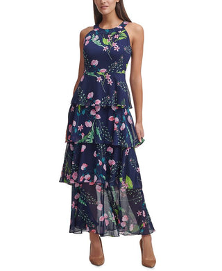 Tommy Hilfiger Women's Chiffon Tiered Halter Maxi Dress Blue Size 10